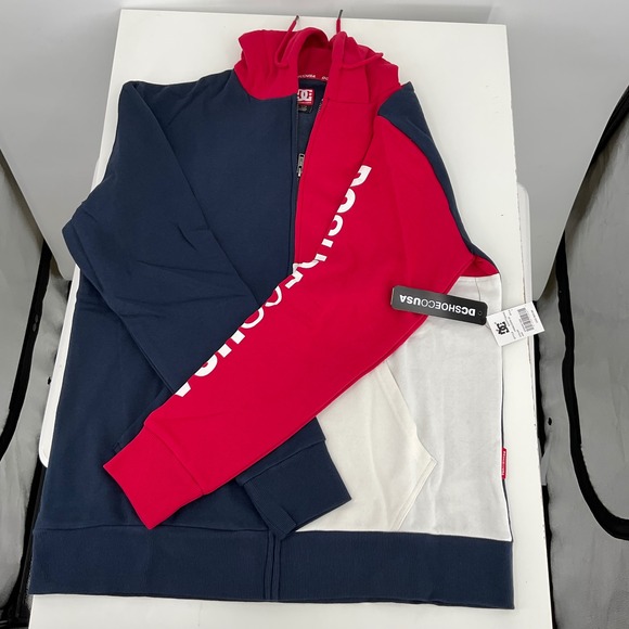 DC Shoes USA Mens Colorblock Zip Hoodie‎ Size L Red Navy White Style EDYFT03422 - Picture 3 of 8